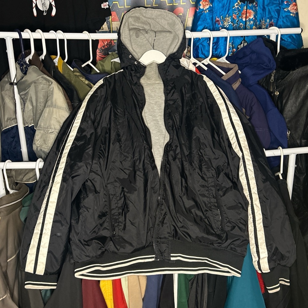 90s Wilson Reversible Black and Gray Hooded Jacket Large